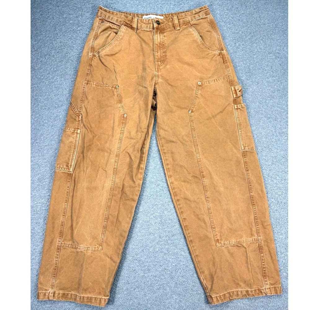 Bershka Trousers Women's 8 Brown Duck Canvas Wide Leg Baggy Carpenter Pants